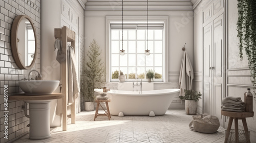 White cozy bathroom interior  farmhouse style  3d render. Decor concept. Real estate concept. Art concept. Bathroom concept. Stylist concept. 3d render concept