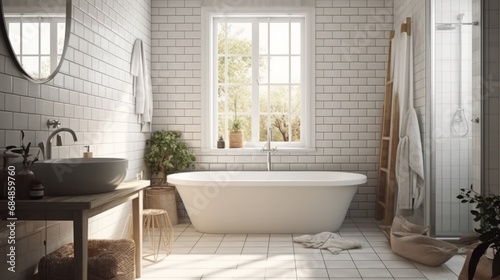 White cozy bathroom interior, farmhouse style, 3d render. Decor concept. Real estate concept. Art concept. Bathroom concept. Stylist concept. 3d render concept © IC Production
