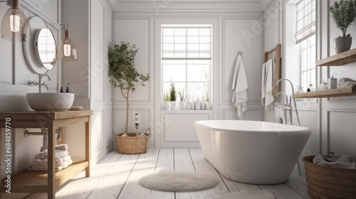 White cozy bathroom interior  farmhouse style  3d render. Decor concept. Real estate concept. Art concept. Bathroom concept. Stylist concept. 3d render concept