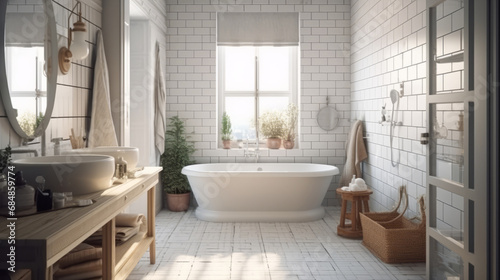 White cozy bathroom interior, farmhouse style, 3d render. Decor concept. Real estate concept. Art concept. Bathroom concept. Stylist concept. 3d render concept © IC Production