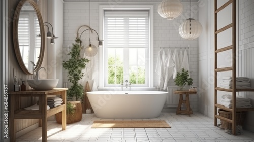 White cozy bathroom interior, farmhouse style, 3d render. Decor concept. Real estate concept. Art concept. Bathroom concept. Stylist concept. 3d render concept photo
