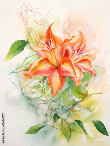 Intertwining Honeysuckle Flowers and Leaves in Abstract Watercolor AI Generated