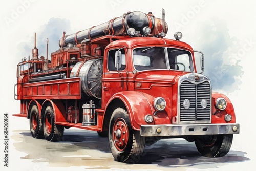 Watercolor illustration of a vintage red fire truck photo