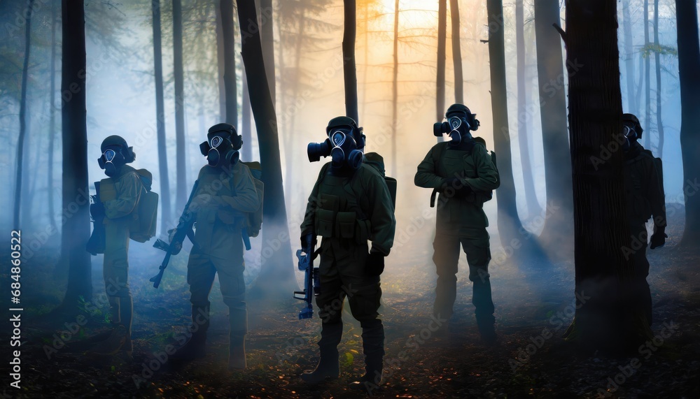 Silhouettes of soldiers wearing gas masks in a foggy dark forest. Generated with AI Silhouettes of soldiers wearing gas masks in a foggy dark forest. Generated with AI