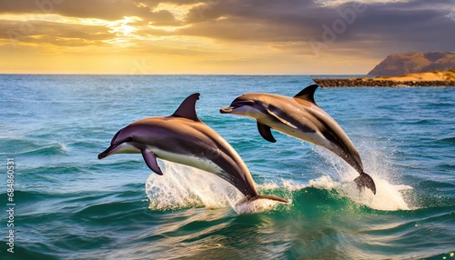 Playful dolphins jump out of the sea. Generated with AI © maticsandra