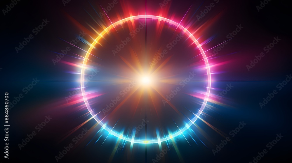 Flare background. Sunlight ray flash effect on black. Star spot or sun shine glow light on lens. Gleams rounded and hexagonal shapes, rainbow halo.