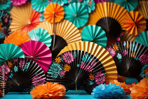 A group of colorful paper fans sitting on top of a table created with generative AI technology