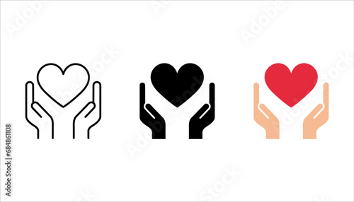 Heart in hand icons set. Hands holding heart icon set. Love icon. Health, medicine symbol. vector illustration on white background