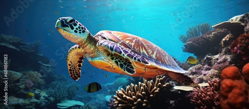 Hawksbill turtle in Bali s underwater world.