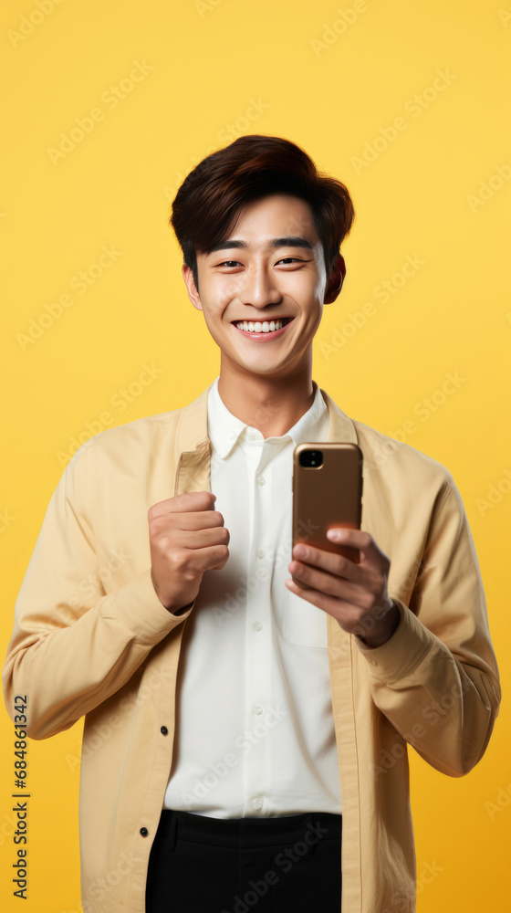 Asian man, portrait and phone for social media app, internet and website on vibrant background mockup. Face, smile and happy gen z person with mobile technology for influencer blog post in studio Asian man, portrait and phone for social media app, internet and website on vibrant background mockup. Face, smile and happy gen z person with mobile technology for influencer blog post in studio