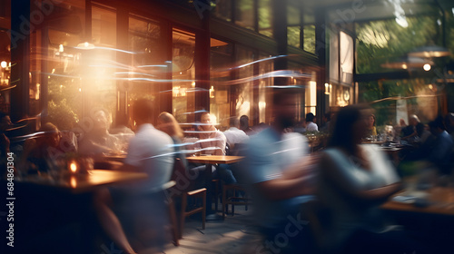 blurred cafe, Blurred restaurant background, Blur coffee shop, some people and chefs working, Movement blur, waiters working, people eating © elina