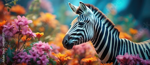 In the beautiful garden  amidst the vibrant colors of blooming flowers and lush green leaves  an animal with black stripes stood  its eyes captivated by the natural wonders of summer and spring