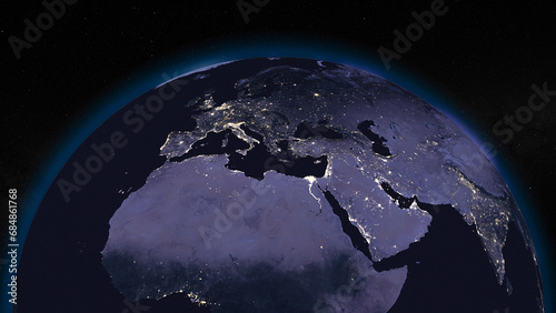 Earth globe by night focused on Europe and Middle East. Dark side of Earth with illuminated cities and stars of universe on background. Elements of this image furnished by NASA
