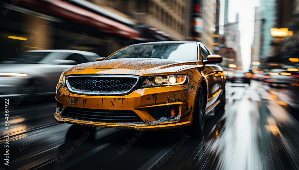 Vibrant downtown street with motion blurred yellow cabs in new york city  16k highquality image