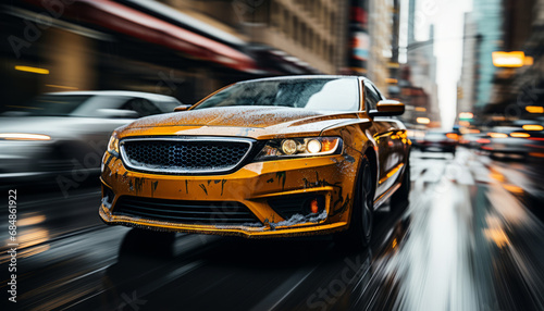Vibrant downtown street with motion blurred yellow cabs in new york city  16k highquality image
