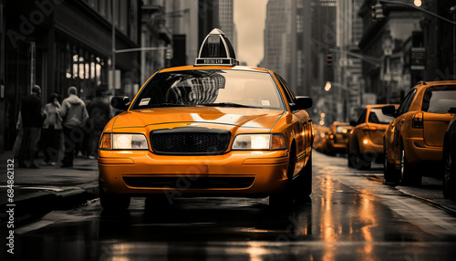 Vibrant yellow taxi cabs in nyc downtown street scene with motion blur and yellow dark white tones