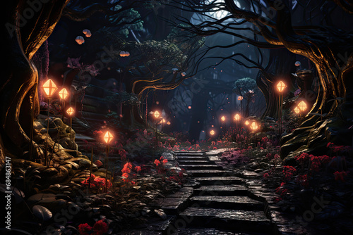 A dark forest filled with lots of lights