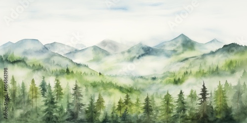 Serene Watercolor Landscape with Lush Forest and Majestic Mountains AI Generated
