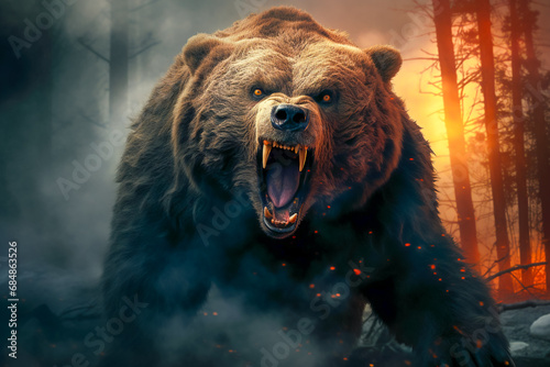 Image of a ferocious bear at the moment it threatens or attacks. Wildlife threat, dangerous grizzly, nature fight concept.
