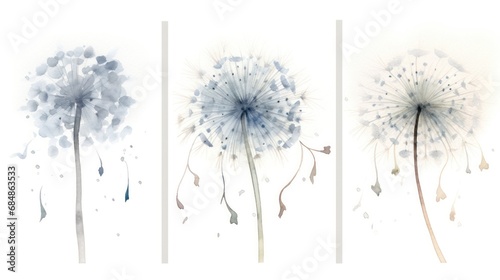 Set of Three Whimsical Watercolor Dandelion Seeds AI Generated