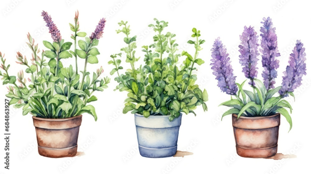 Set of Three Lush Watercolor Herb Garden Plants AI Generated