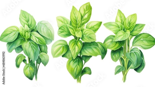 Set of Three Lush Watercolor Basil Plant Leaves AI Generated