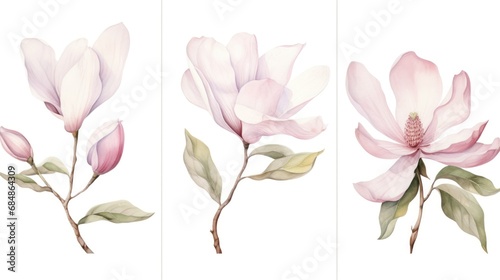 Set of Three Delicate Watercolor Magnolia Blooms AI Generated