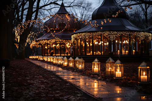 A lighted gazebo in a park at night created with generative AI technology