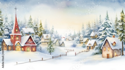 Crisp Watercolor Winter Sunrise over a Peaceful Snowcovered Christmas Village AI Generated