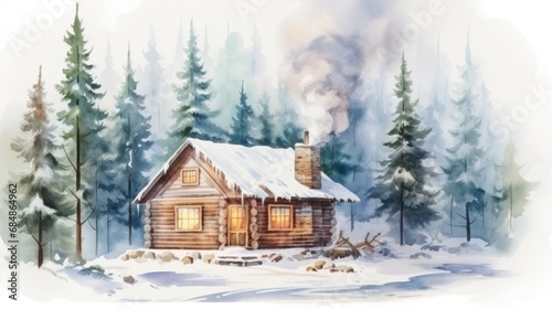 Charming Watercolor Cozy Cabin Surrounded by Snowy Pines AI Generated