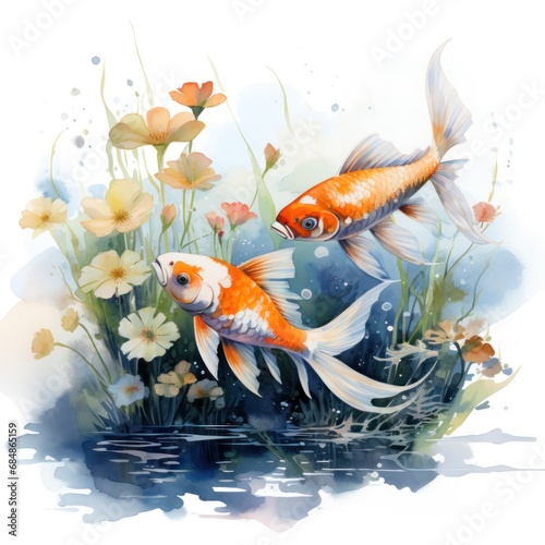 Tranquil Watercolor Fish Swimming in Farm Pond with Blooming Water Plants AI Generated