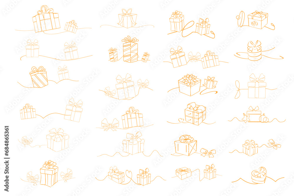 Gift box line art style vector. Wrapped surprise package for Christmas or birthday party. Christmas element vector