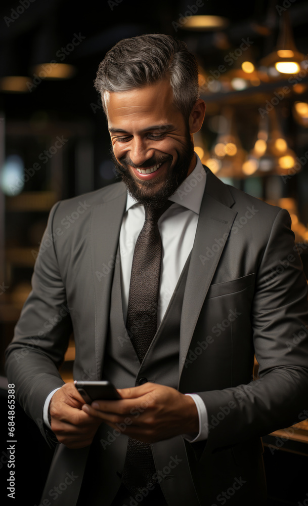 Business man, suit and phone for social media app, internet and website on restaurant background mockup. Face, smile and happy gen z person with mobile technology for influencer blog post in bar