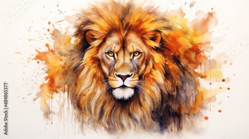 Fiery Eyes of a Lion: Lush Watercolor Mane on White Background AI Generated © Alex