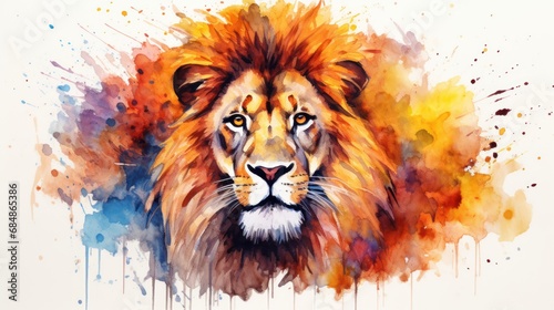 Fiery Eyes of a Lion: Lush Watercolor Mane on White Background AI Generated