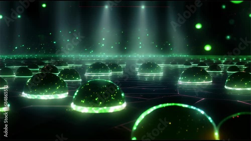 a field of hemispherical domes emitting green light, with each casting an aura that creates a mystical atmosphere. The pillars of light in the background convey the depth of a digital realm. photo