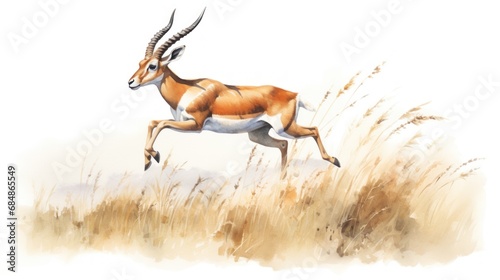 Graceful Watercolor Gazelle Leaping Through Grass on White Background AI Generated photo