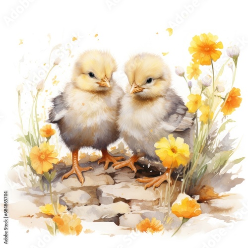 Energetic Watercolor Baby Chicks Pecking at the Ground Surrounded by Marigolds AI Generated © Alex