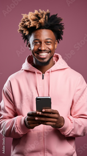Mixed race man, portrait and phone for social media app, internet and website on dark background mockup. Face, smile and happy gen z person with mobile technology for influencer blog post in studi