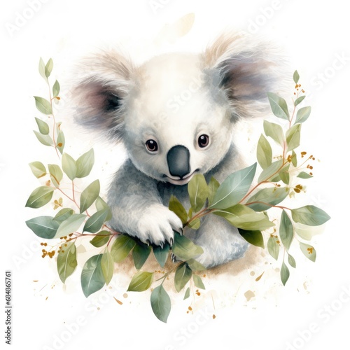 Enchanted Watercolor Baby Koala Among Eucalyptus Branches AI Generated