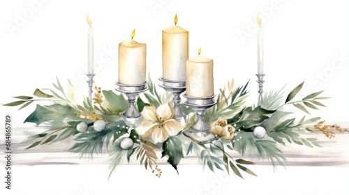 Elegant Watercolor Silver and Gold Christmas Table Centerpiece with Candles and Greenery on White Background AI Generated