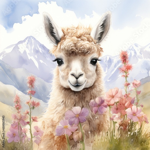 Daydreaming Baby Llama Resting Amidst Highland Flowers AI Generated