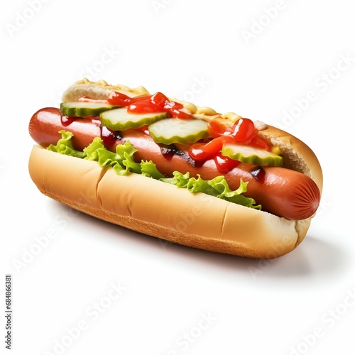 Gourmet Hot Dog with Toppings Isolated on White. Generative ai
