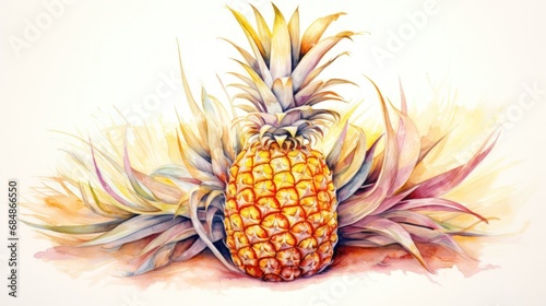 Vibrant Watercolor Pineapple with Textured Skin and Sprawling Leaves AI Generated