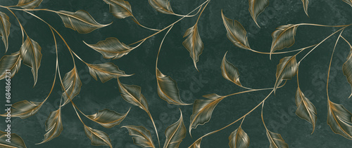 Luxury art background with golden exotic leaves on a branch in line art style. Botanical dark green banner for wallpaper, decor, print, textile, interior design.