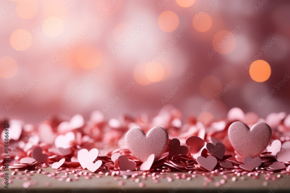 A playful and vibrant image of heart-shaped confetti scattered across a soft pink background. Festive Valentine's Day mood concept.