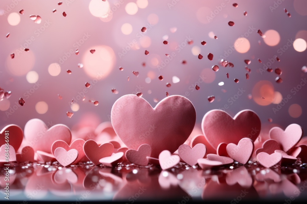 A playful and vibrant image of heart-shaped confetti scattered across a soft pink background. Festive Valentine's Day mood concept.