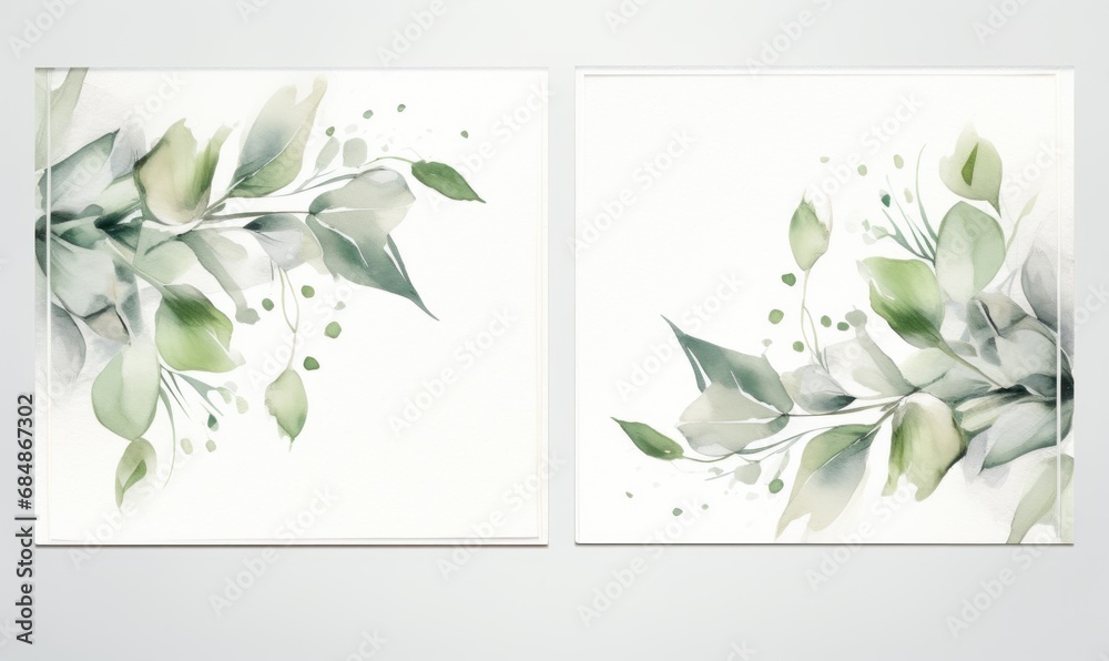 Set of cards with watercolor flowers and leaves. illustration. Generative AI