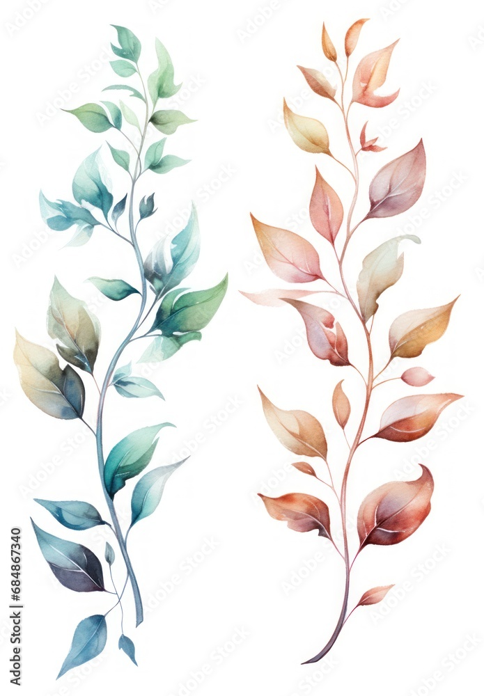 Watercolor vector set of leaves and branches. Hand painted illustration. Generative AI