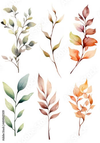 Set of watercolor branches and leaves. Hand painted vector illustration. Generative AI